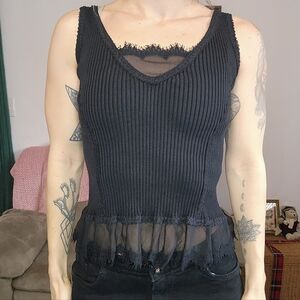 Black Ribbed Tank Top With Sheer Lace Details Size Small